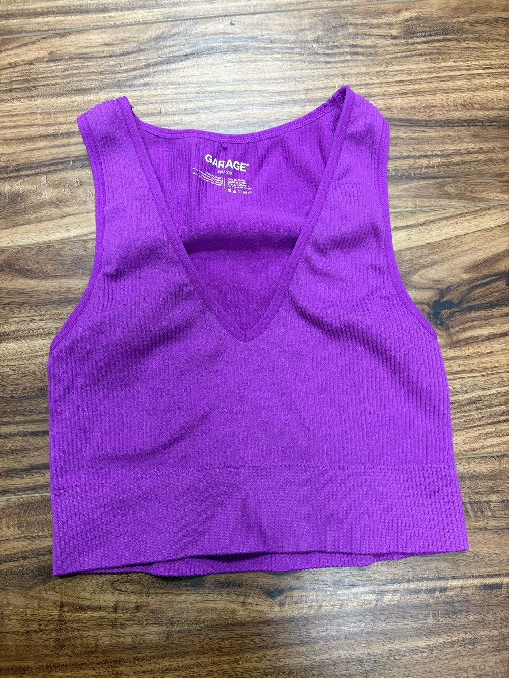 Garage purple ribbed V-neck crop tank top, plunge design, size. XS